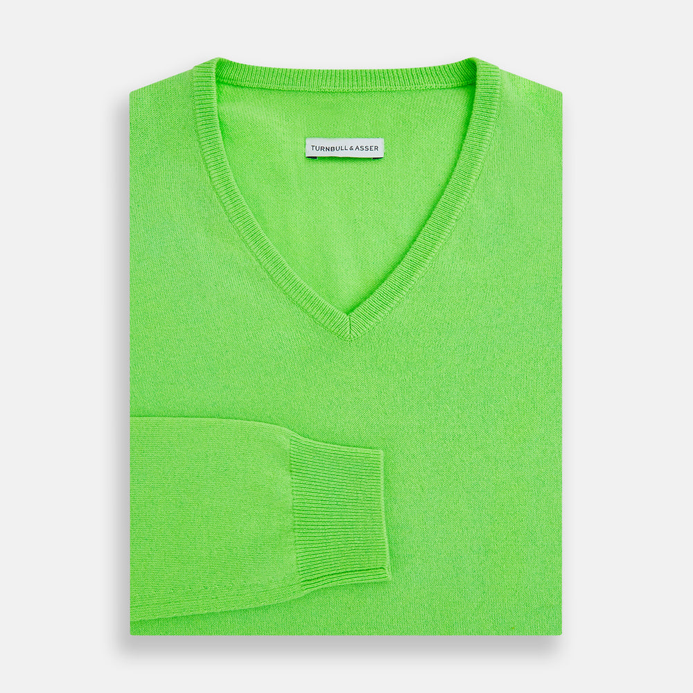 Bright Green Cashmere V-Neck Jumper