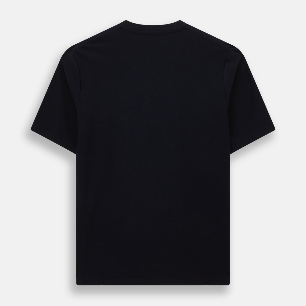 A navy short-sleeve pyjama shirt by Turnbull & Asser is laid flat on a white background, featuring a round neckline and a minimalist design—perfect for relaxed wear.