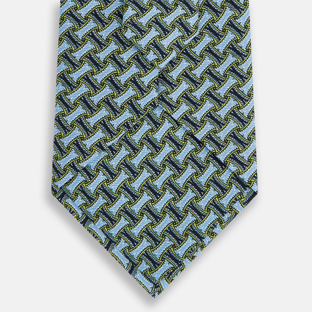 Light Blue and Chartreuse Lemon Weave Patterned Silk Tie