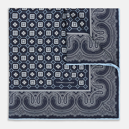 Navy Floral Tile and Paisley Silk Pocket Square Image 5