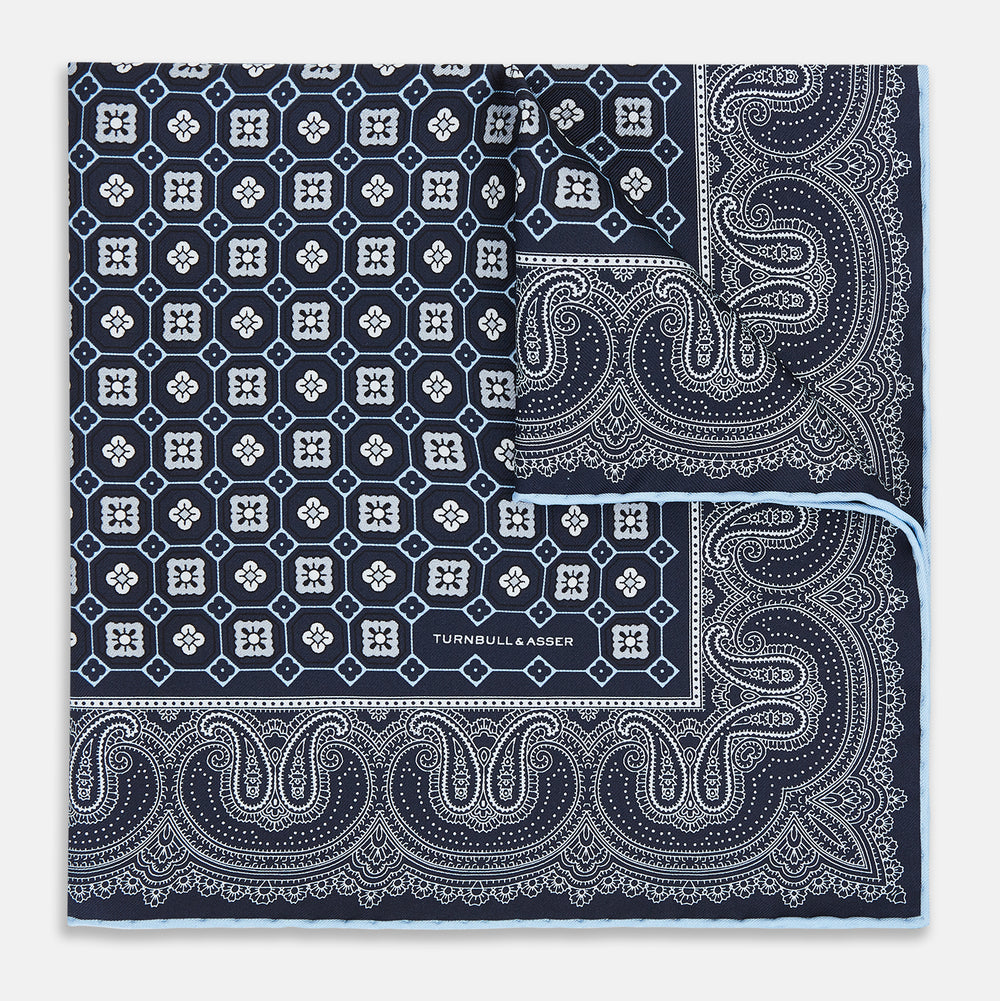 Navy Floral Tile and Paisley Silk Pocket Square