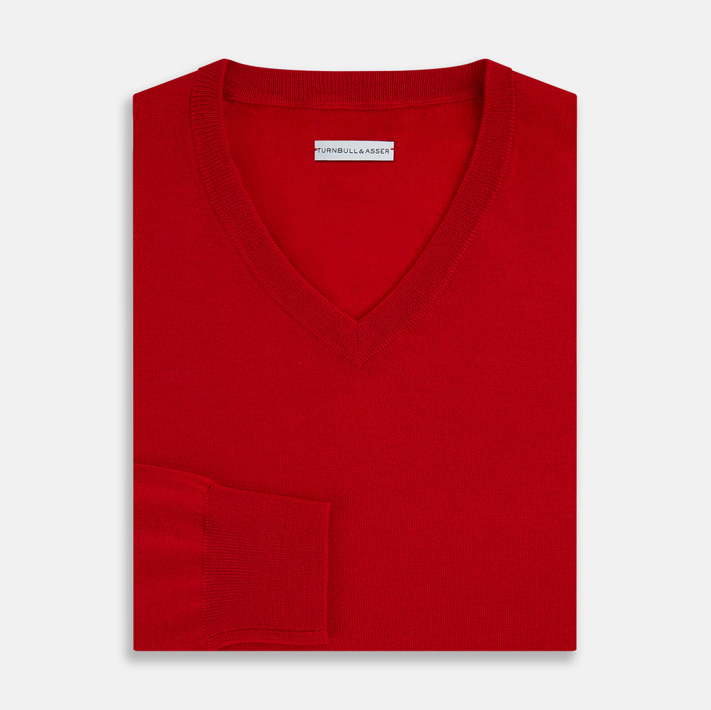 Red Fine Merino V-Neck Jumper