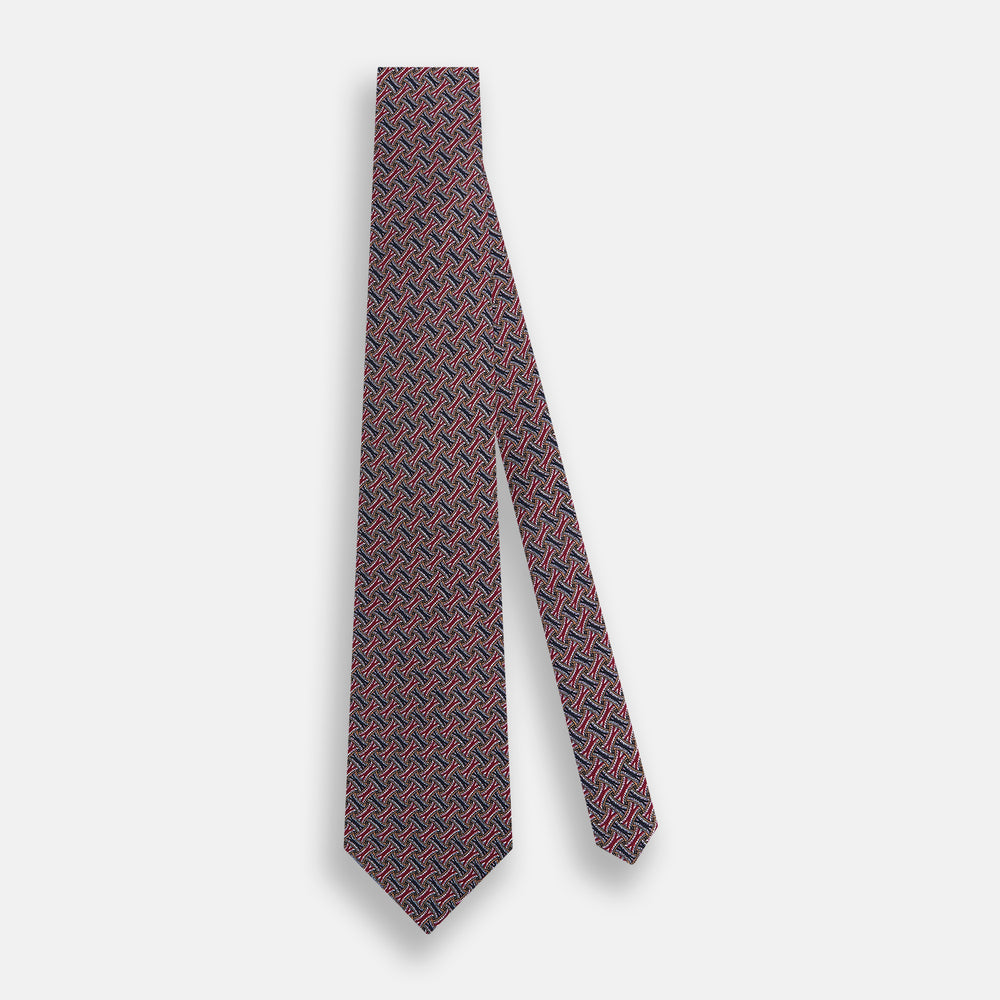Burgundy and Navy Weave-Patterned Printed Silk Tie