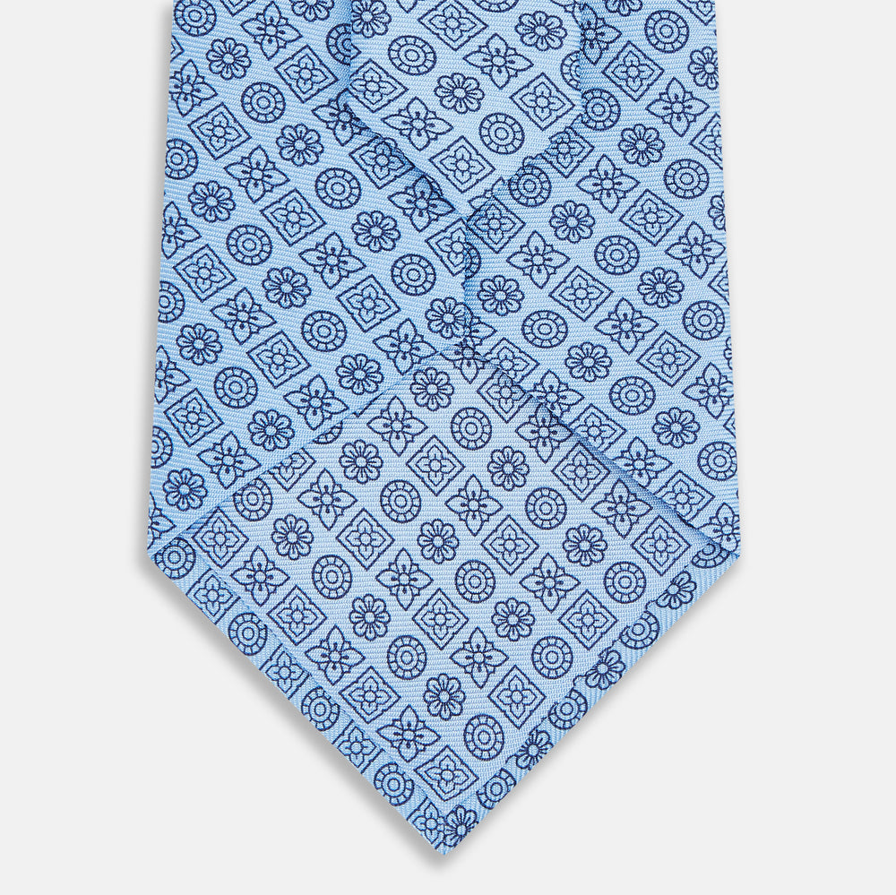 Blue Floral Tile Pattern Printed Silk Tie