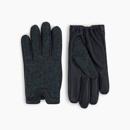 Navy Herringbone Tweed Cashmere-Lined Leather Gloves Image 2