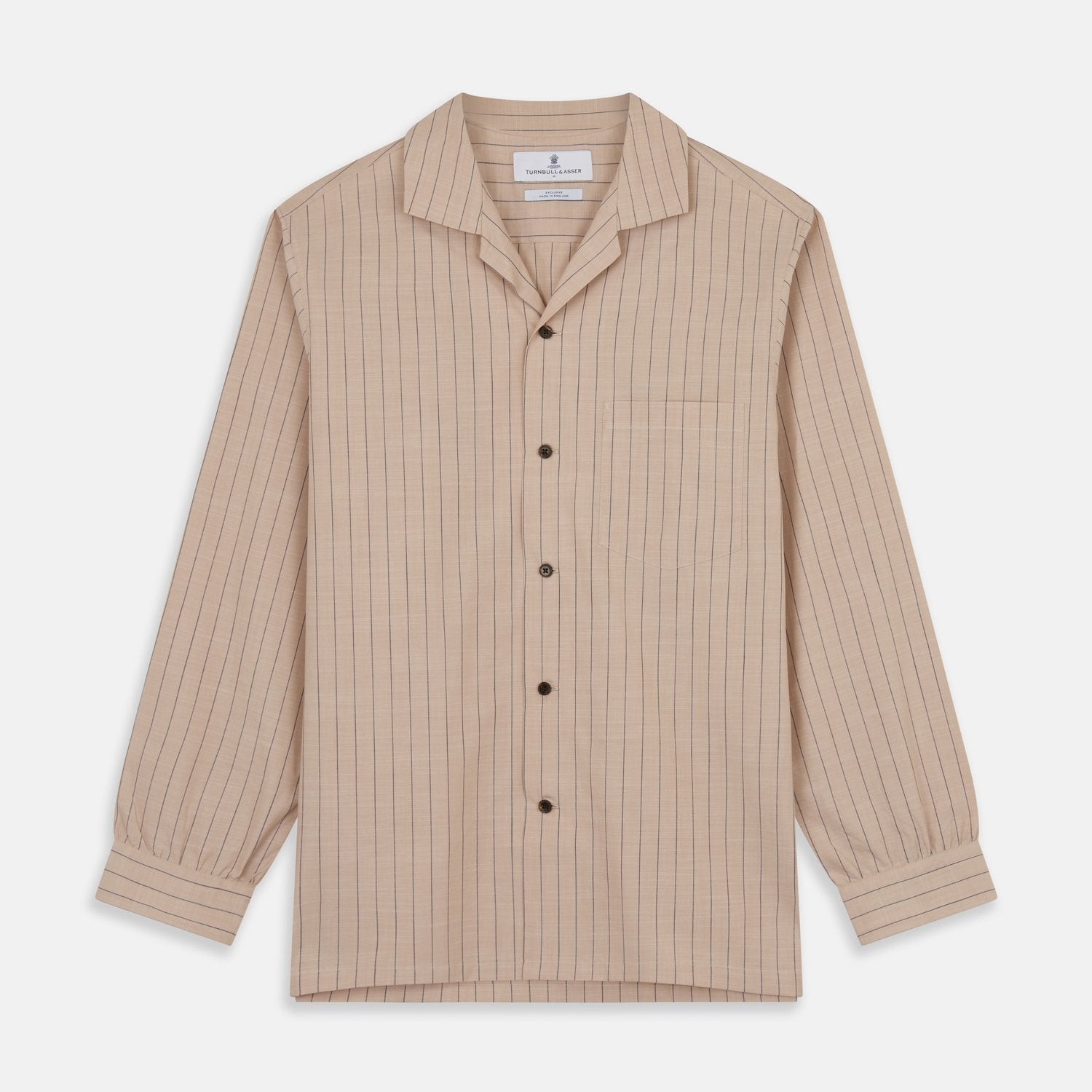 View 2 of product Beige Stripe Cotton Holiday Fit Shirt with Revere Collar & Single Button Cuff