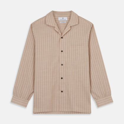 Beige Stripe Cotton Holiday Fit Shirt with Revere Collar & Single Button Cuff