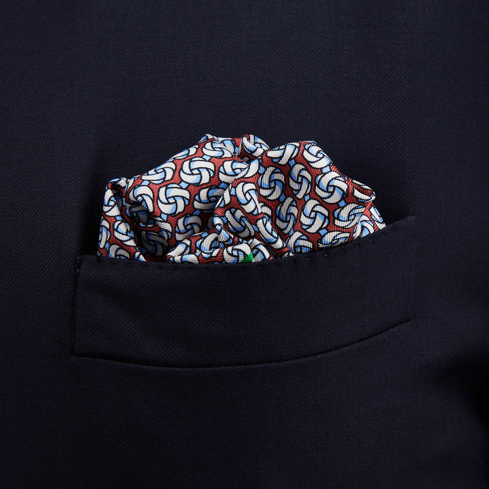 Pale Blue and Claret Knotted Motif Silk Pocket Square