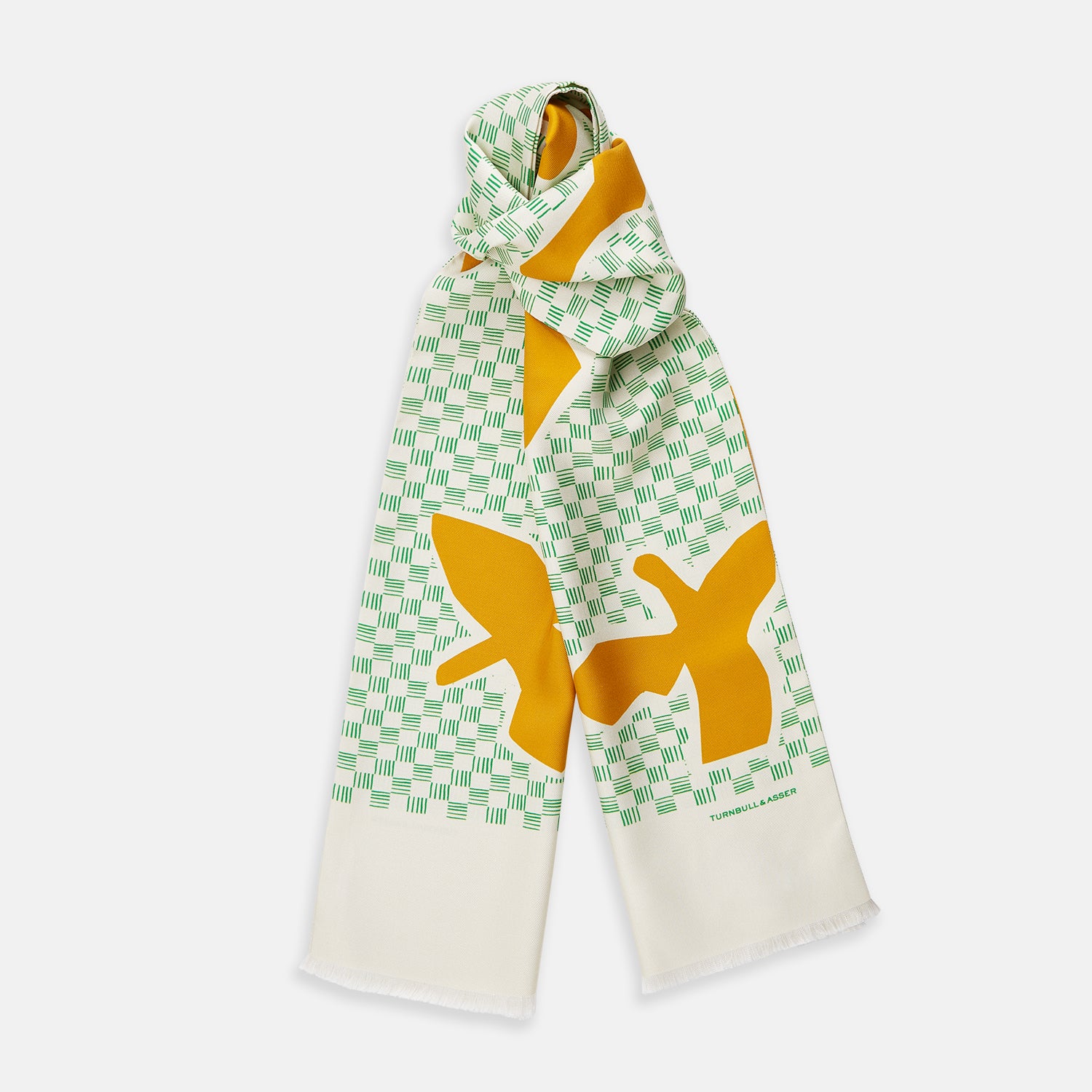 View 1 of product Gold and Green Abstract Bird Silk Lawton Scarf