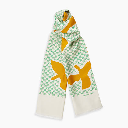 Gold and Green Abstract Bird Silk Lawton Scarf Image 2