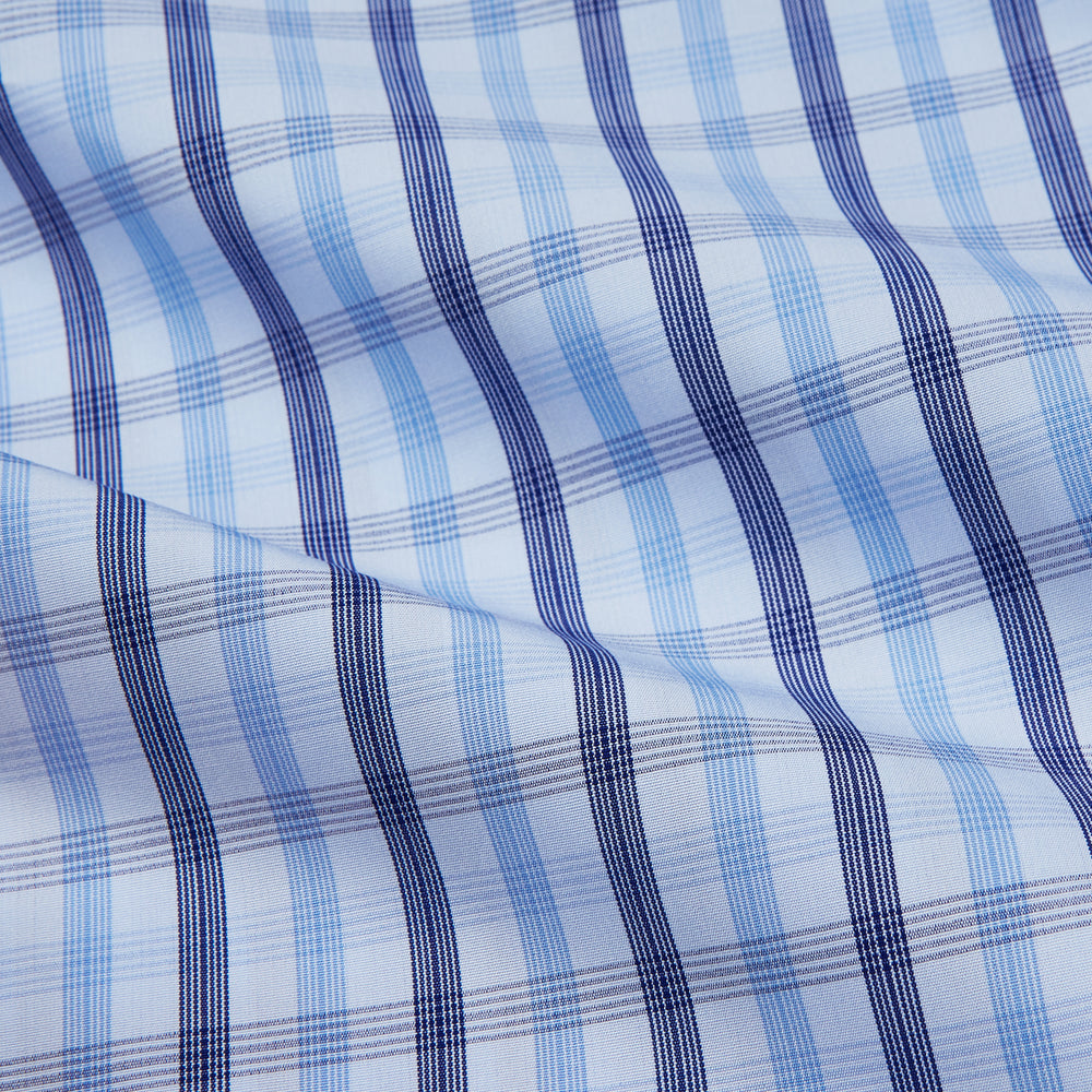 Light Blue and Navy Check Cotton Regular Fit Mayfair Shirt