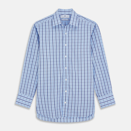 Light Blue and Navy Check Cotton Regular Fit Mayfair Shirt
