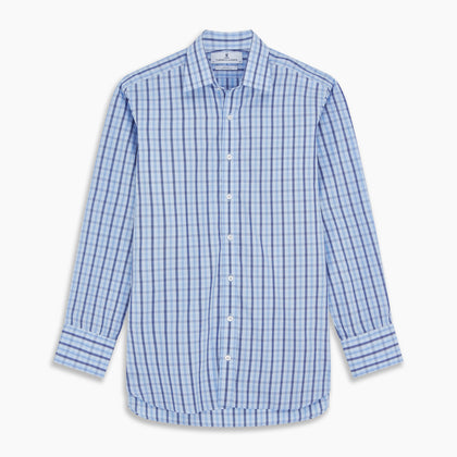 Light Blue and Navy Check Cotton Regular Fit Mayfair Shirt Image 5