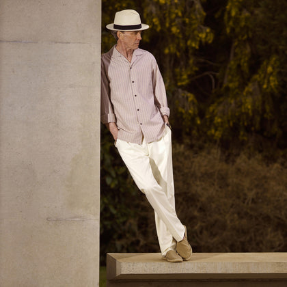Beige Stripe Cotton Holiday Fit Shirt with Revere Collar & Single Button Cuff