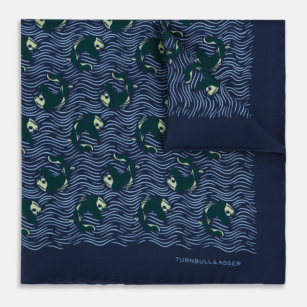 Navy Blue Wave Silk Pocket Square