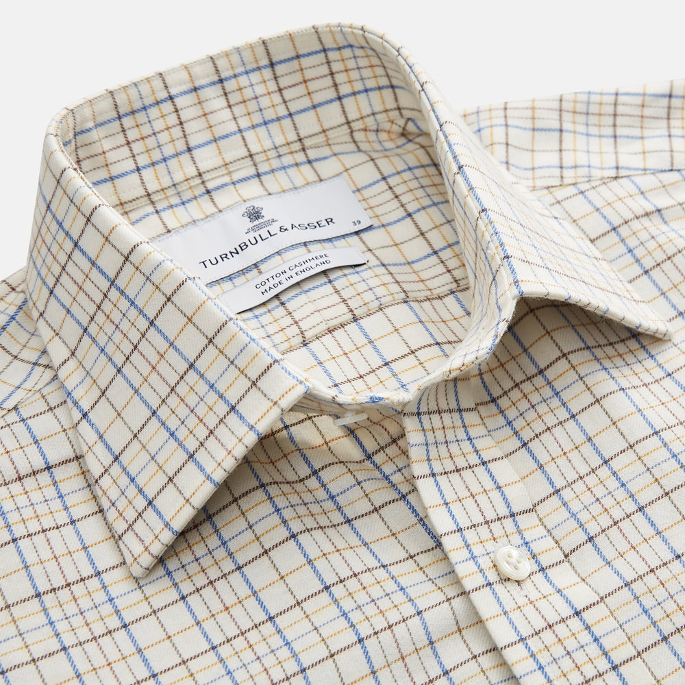 Brown Multi Check Regular Fit Cotton-Cashmere Shirt with T&A Collar and 3 Button Cuffs