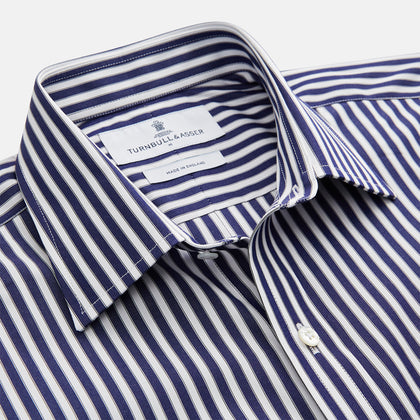 Navy & White Stripe Weekend Fit Shirt with Derby Collar and Single Button Cuffs Image 2