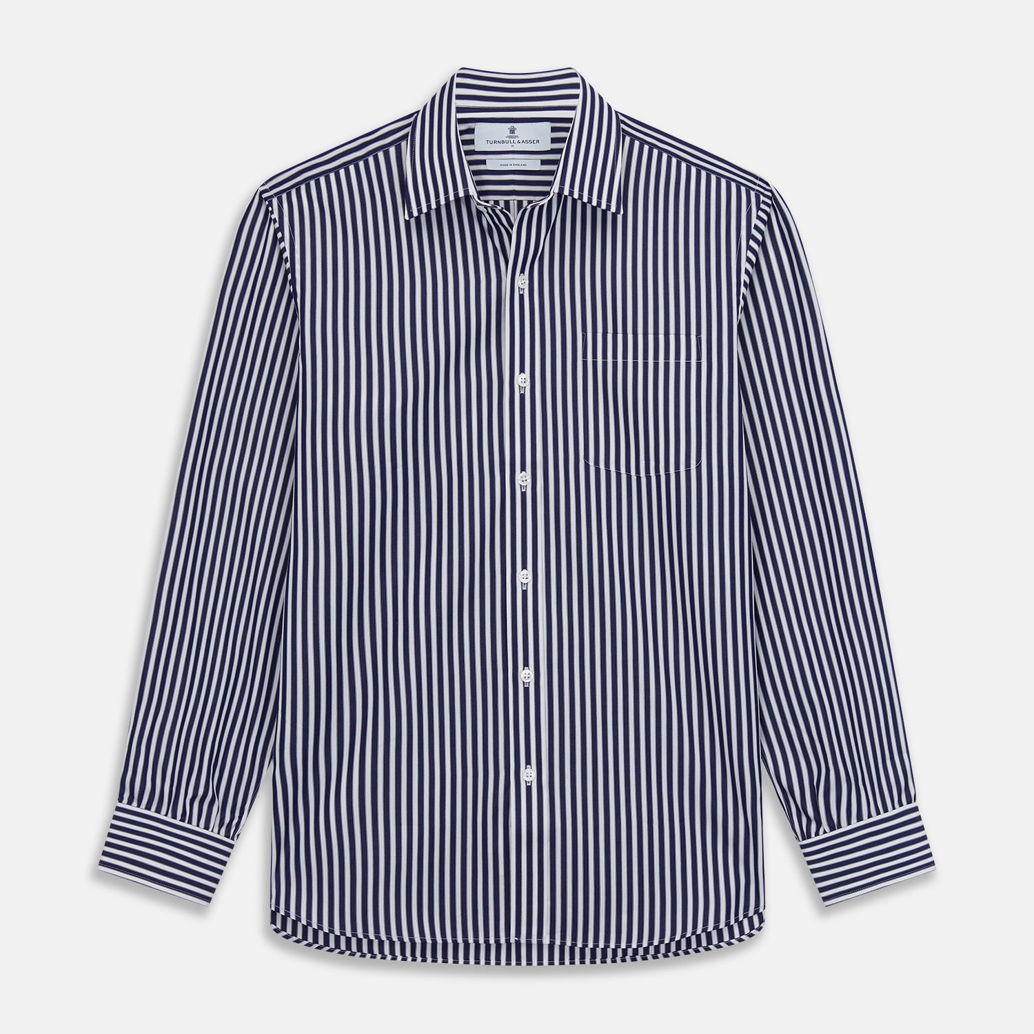 View 2 of product Navy & White Stripe Weekend Fit Shirt with Derby Collar and Single Button Cuffs