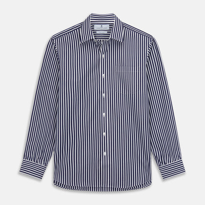 Navy & White Stripe Weekend Fit Shirt with Derby Collar and Single Button Cuffs