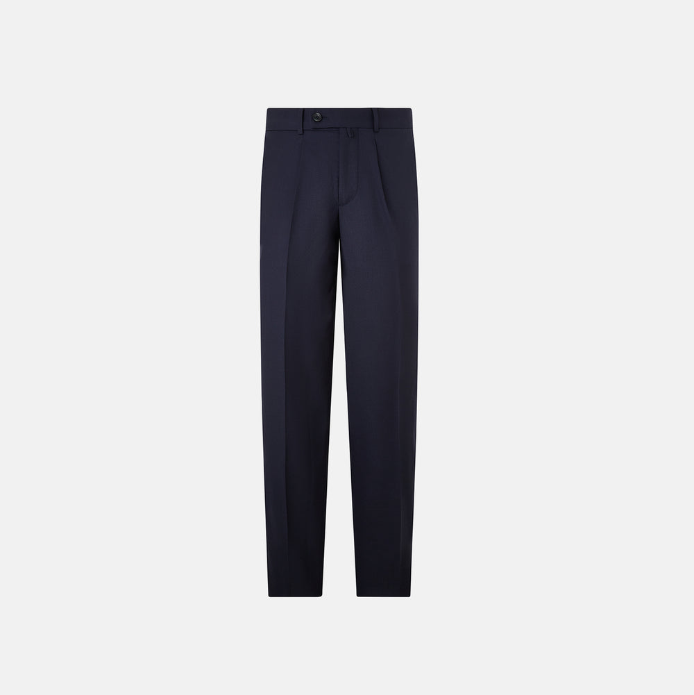 Edward Navy Pleated Trousers in Wool Gabardine