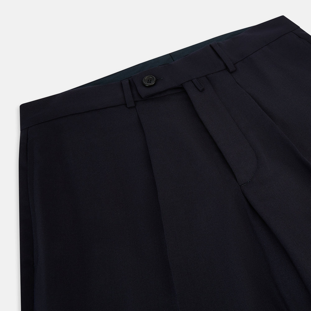 Edward Navy Pleated Trousers in Wool Gabardine