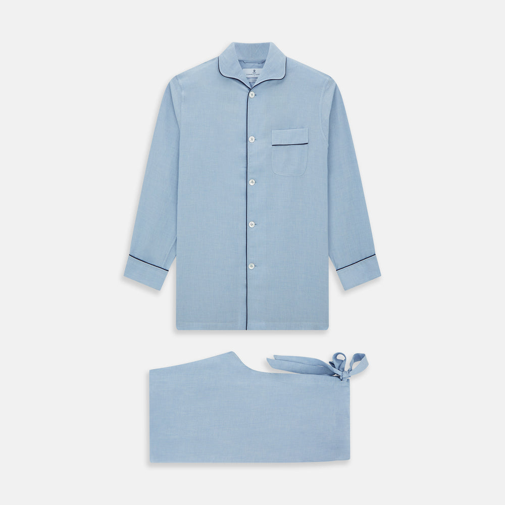 Blue Piped Cotton-Cashmere Pyjama Set