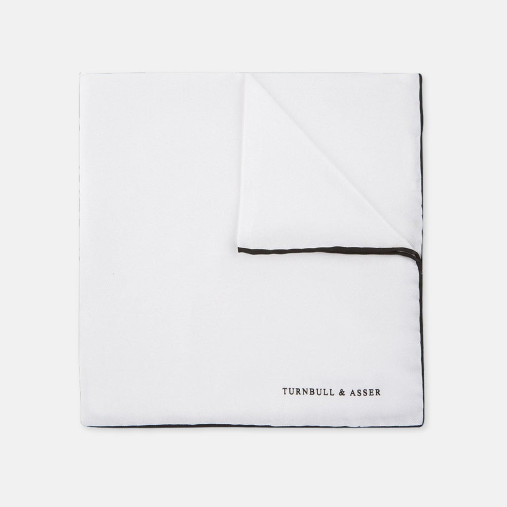 White and Black Piped Silk Pocket Square