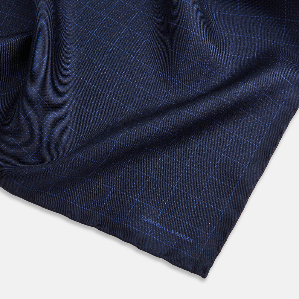 Checked Blue On Navy Pocket Square in Silk