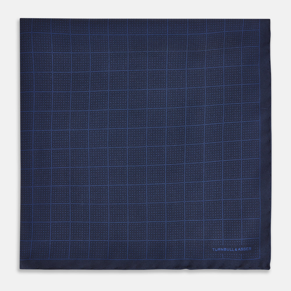 Checked Blue On Navy Pocket Square in Silk