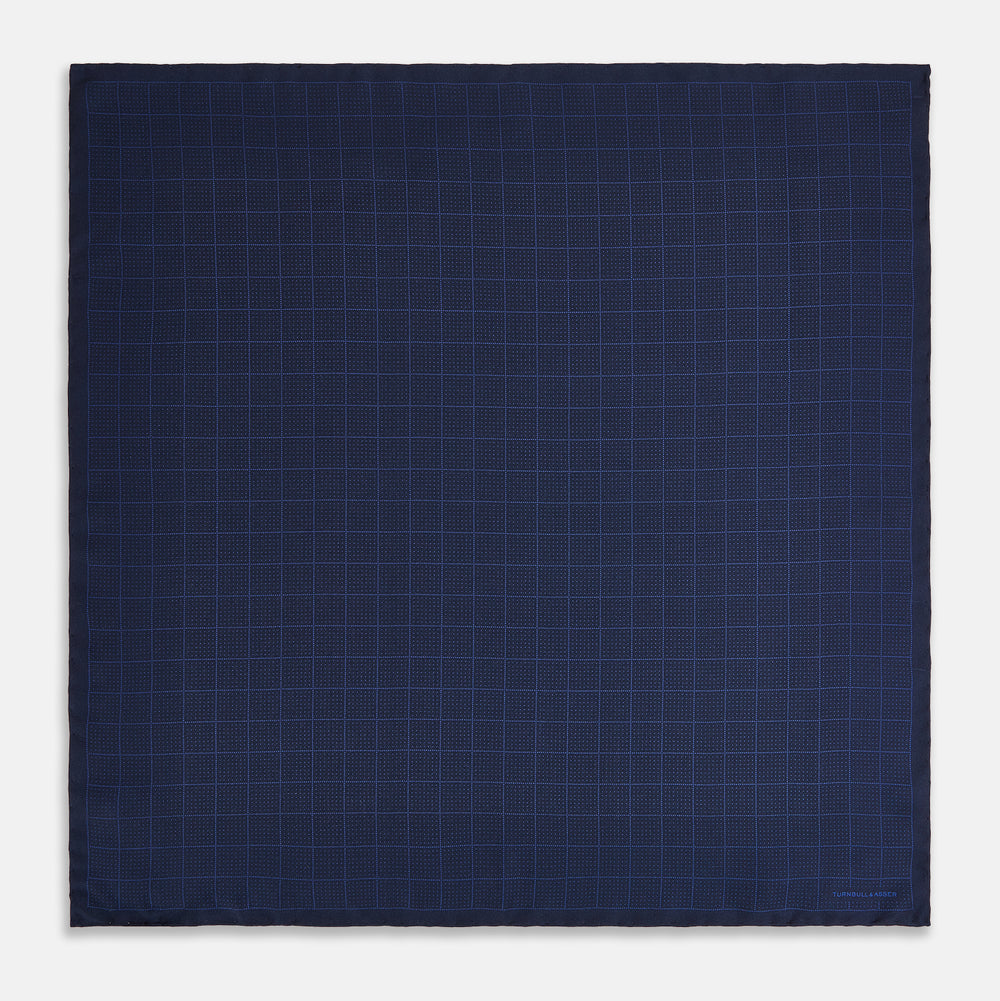 Checked Blue On Navy Pocket Square in Silk
