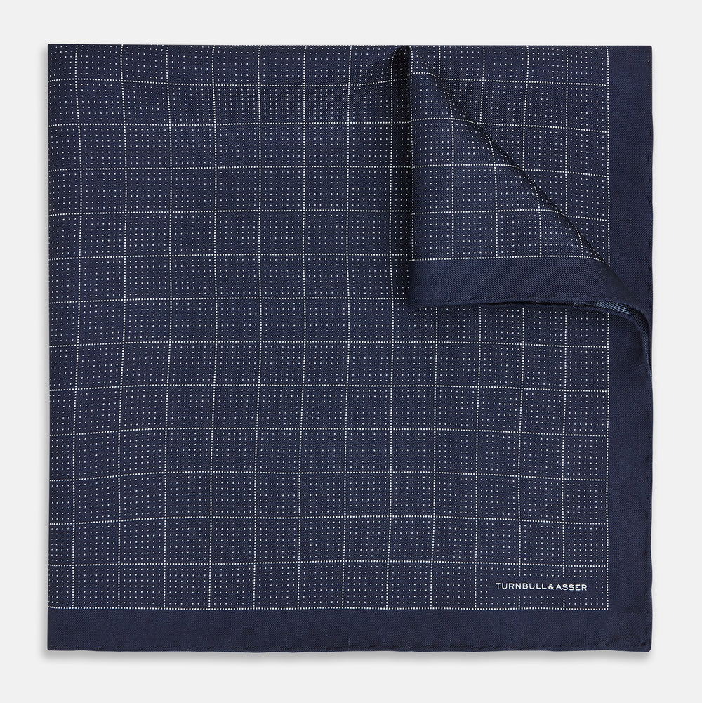 Checked Navy On White Pocket Square in Silk