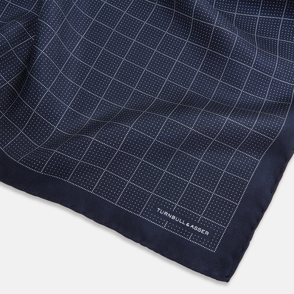Checked Navy On White Pocket Square in Silk