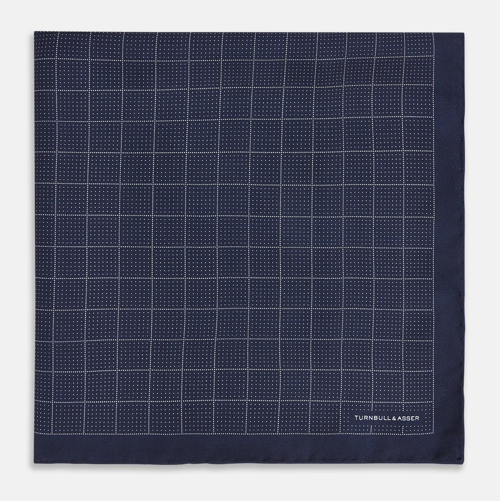 Checked Navy On White Pocket Square in Silk