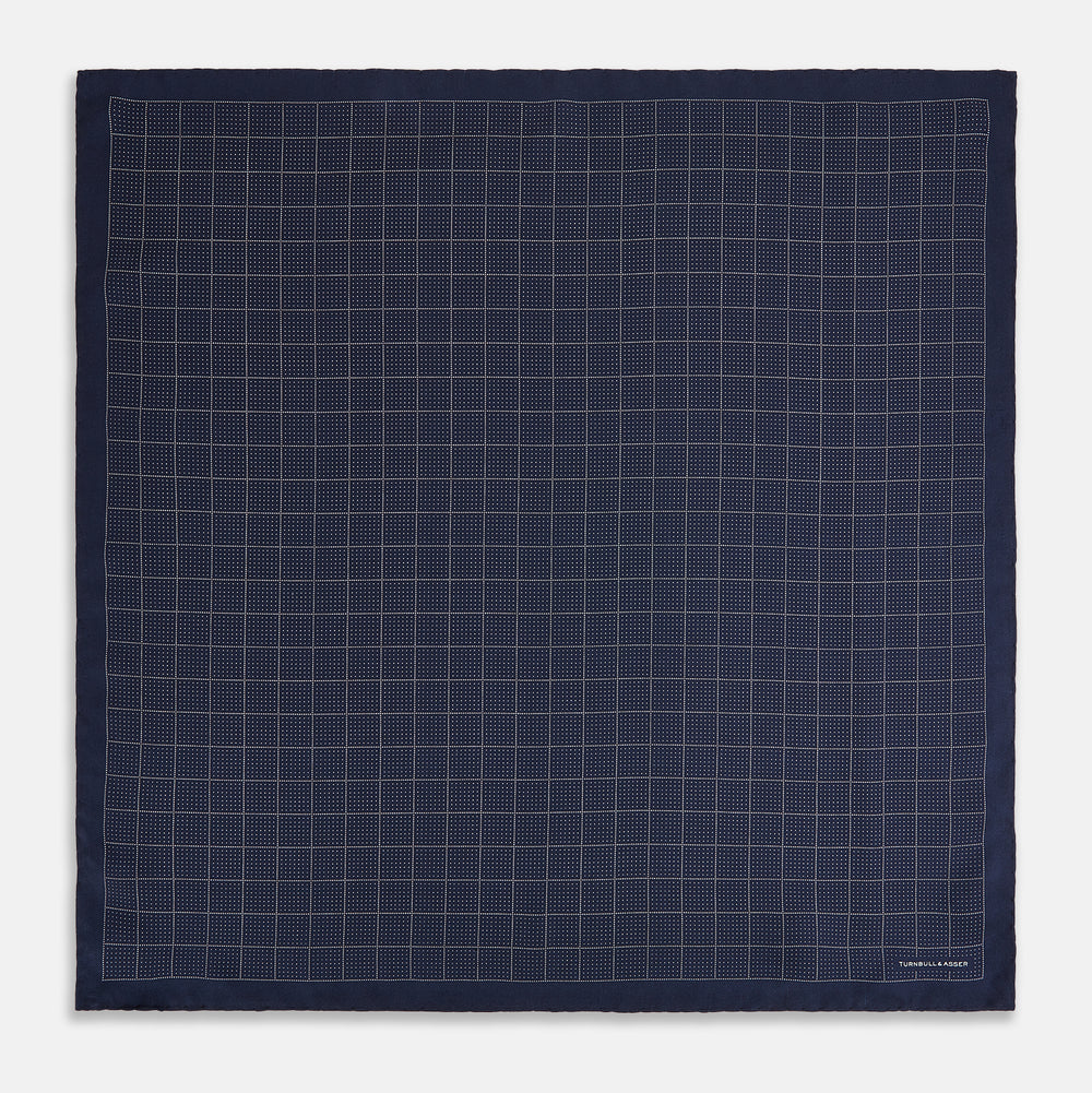 Checked Navy On White Pocket Square in Silk
