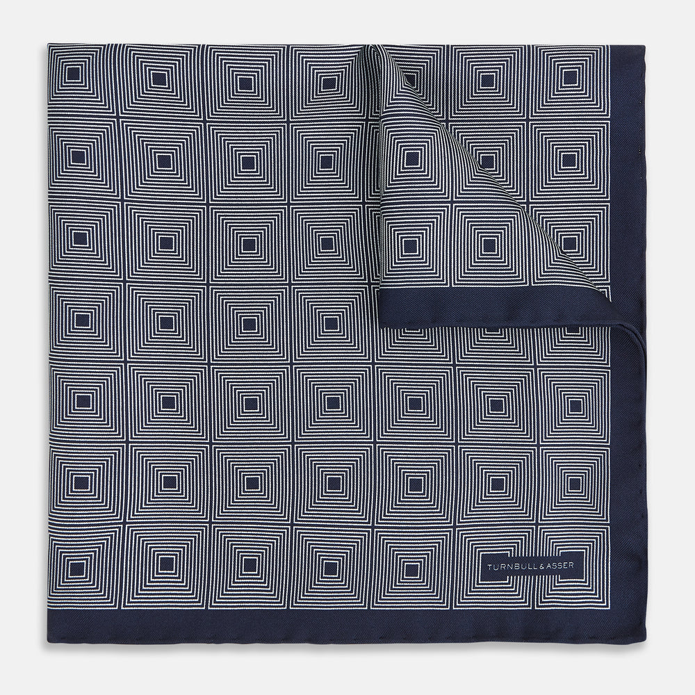 Geometric Blue Pocket Square in Silk