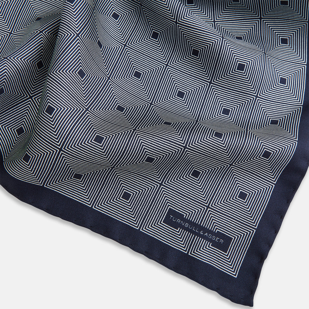 Geometric Blue Pocket Square in Silk