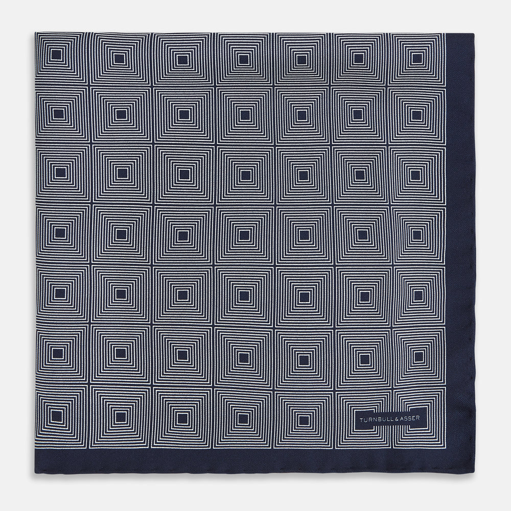 Geometric Blue Pocket Square in Silk