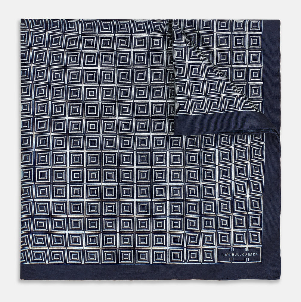 Geometric Navy Pocket Square in Silk