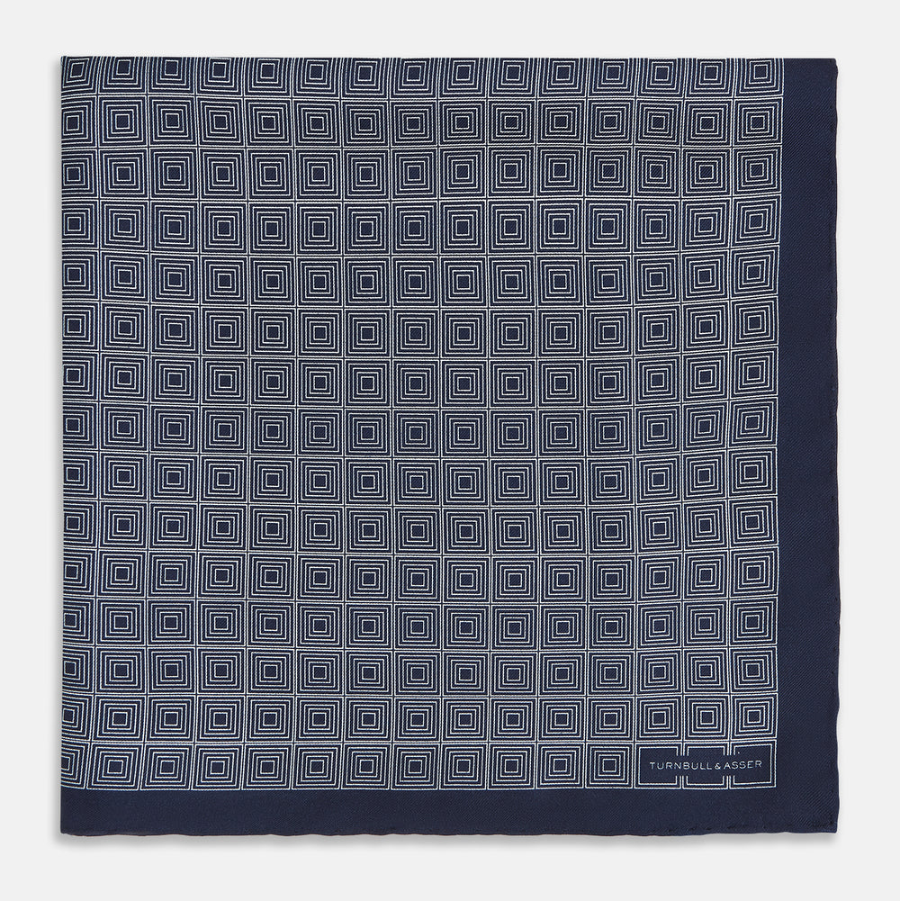 Geometric Navy Pocket Square in Silk
