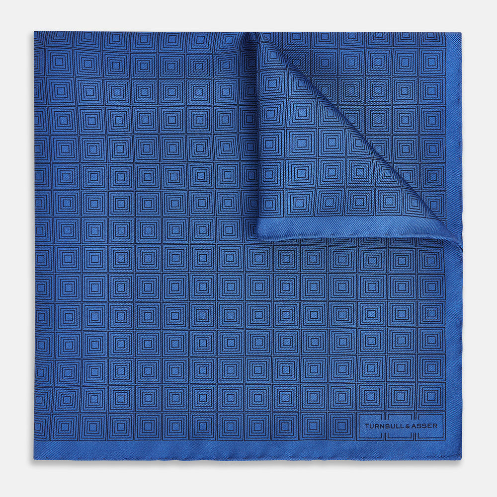 Geometric Blue Pocket Square in Silk