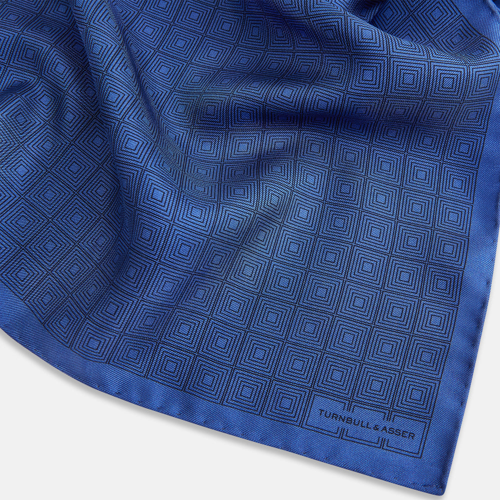 Geometric Blue Pocket Square in Silk