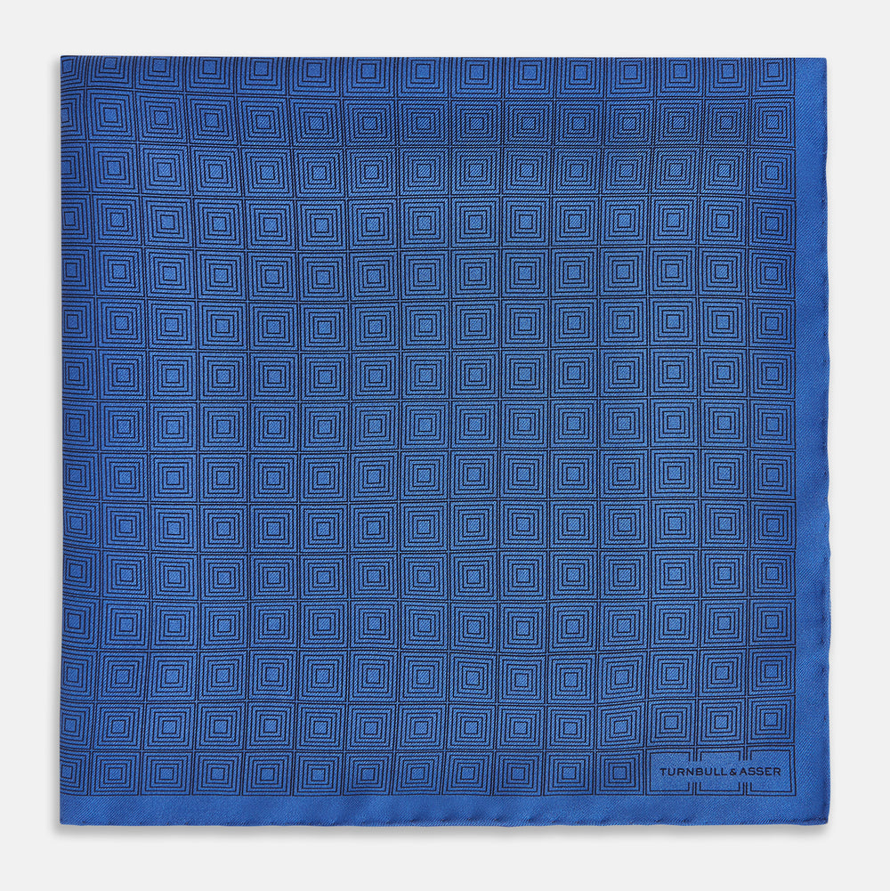 Geometric Blue Pocket Square in Silk