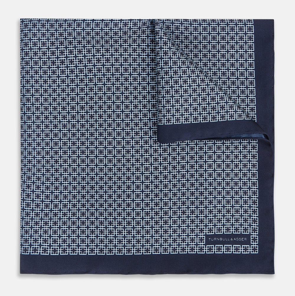 Geometric Navy Pocket Square in Silk