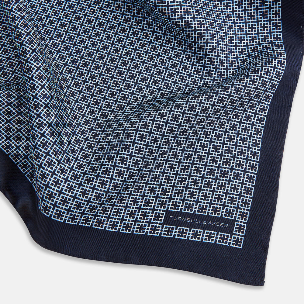 Geometric Navy Pocket Square in Silk