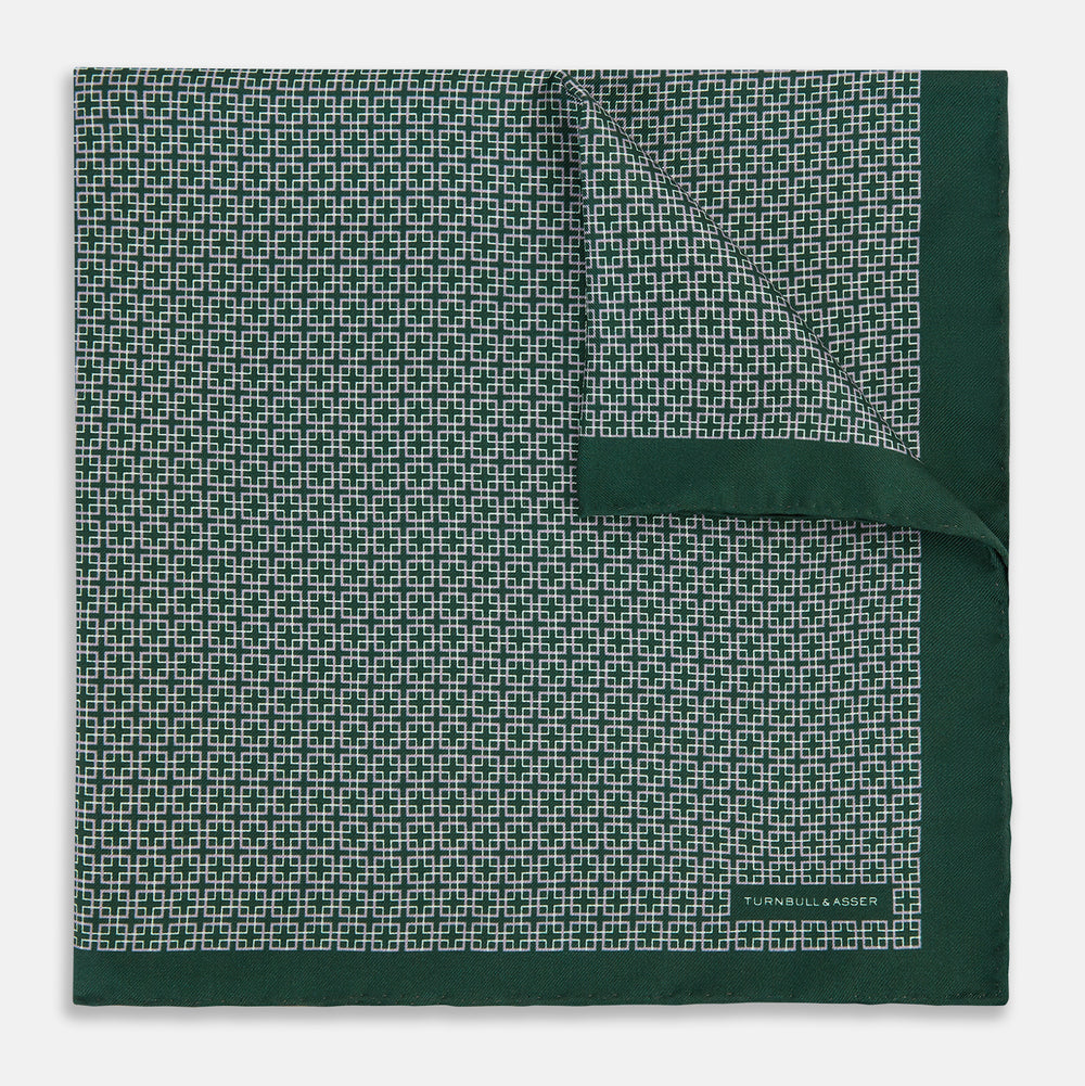 Geometric Green Forest Green  Pocket Square in Silk