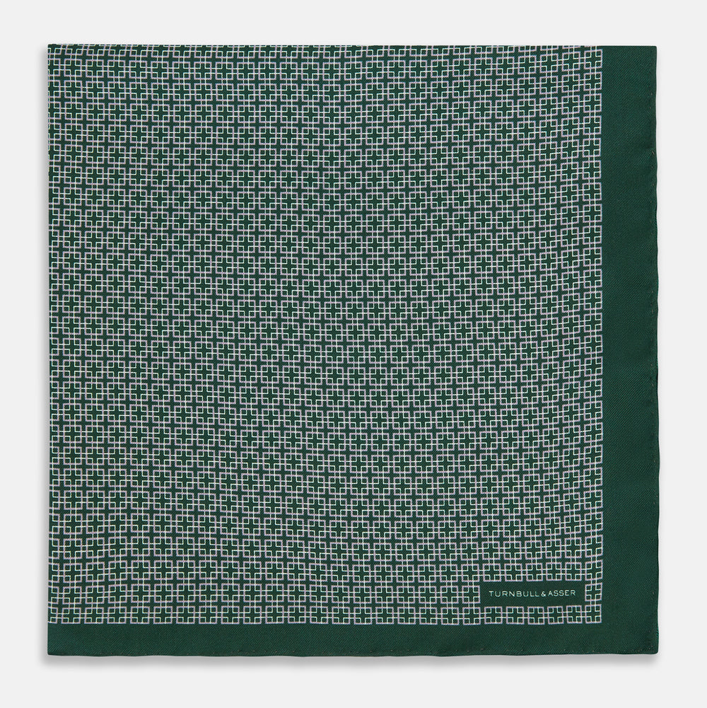 Geometric Green Forest Green  Pocket Square in Silk
