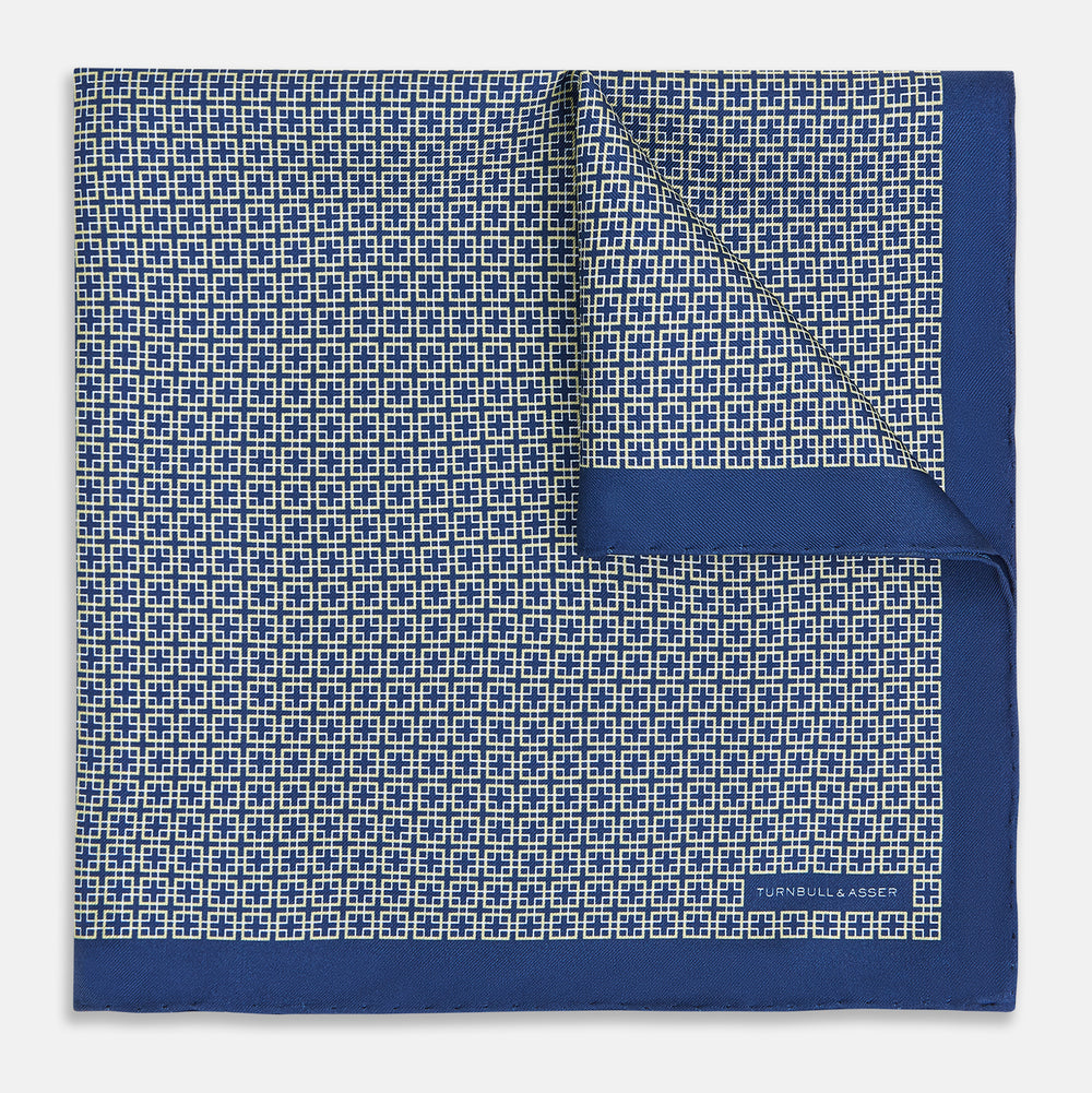 Geometric Blue Pocket Square in Silk