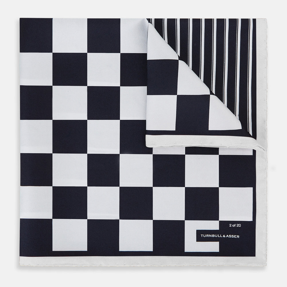 Chequered Navy on White Frame Pocket Square in Silk