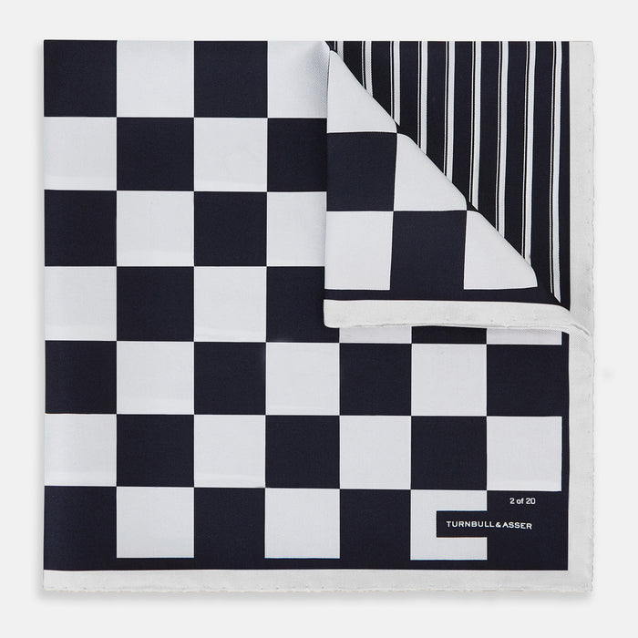 Chequered Navy on White Frame Pocket Square in Silk