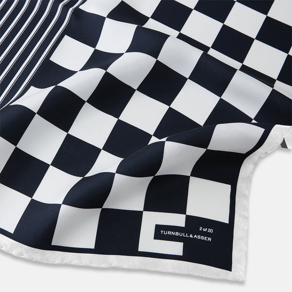 Chequered Navy on White Frame Pocket Square in Silk